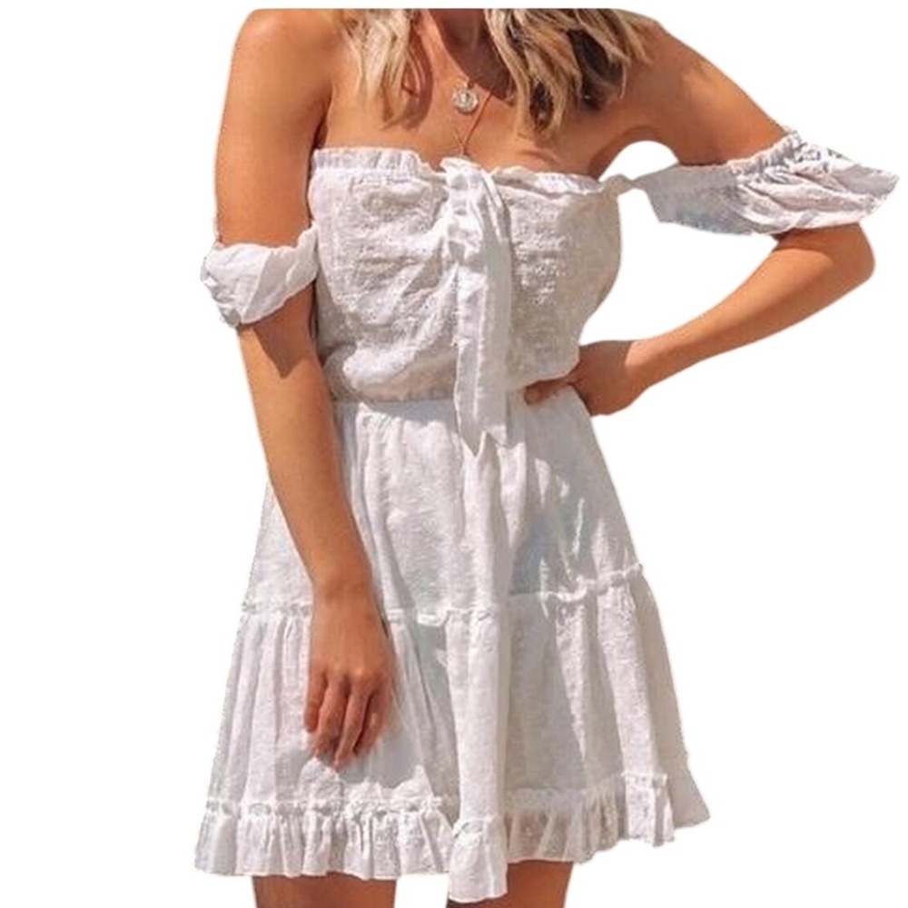 Polly White Eyelet Lace Tiered‎ Mini Dress Ruffle Sleeve Size 4 Cottagecore